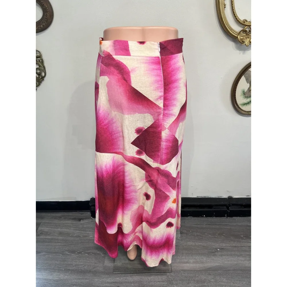 Luagam Pink Floral Abstract Watercolor Print High Slit Midi Skirt Size Small